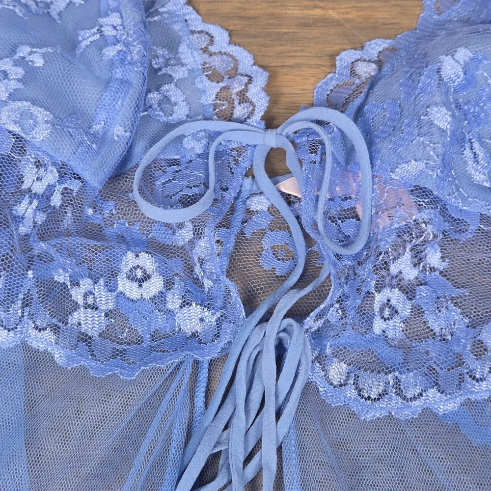 Victoria's Secret Women's S Y2K Babydoll Sheer Lace Tie Front Silk Trim Blue